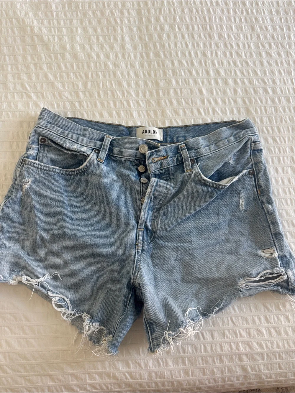 Agolde Light Wash Distressed High-Rise Denim Shorts